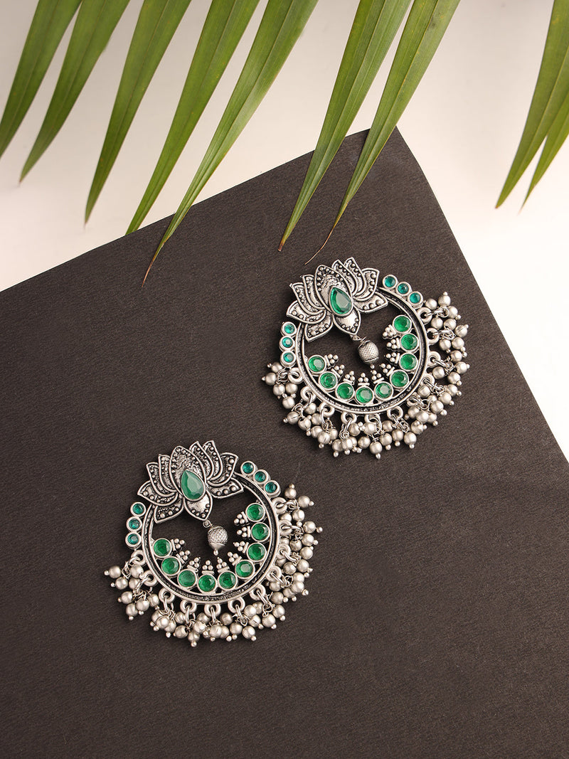 Aatmana Green & Silver-Toned Lotus Shaped Chandbalis Earrings