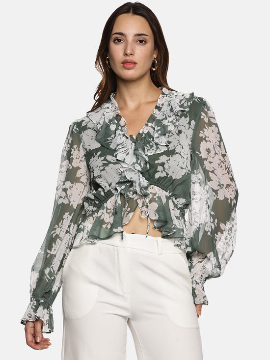 Floral Green V-Neck Blouson Sleeve Top-17416