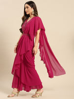 Blouse with prestiched frill gown in Magenta