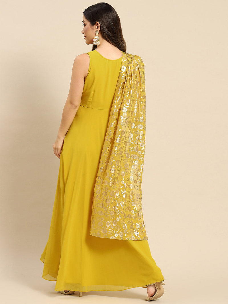 Long flare dress with dupatta drape in Yellow