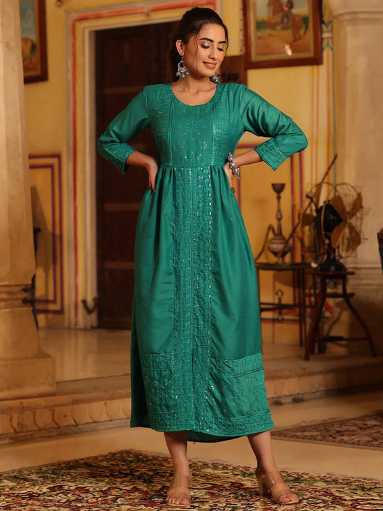 Juniper Women's Teal Festive Embroiderd Flared Dress