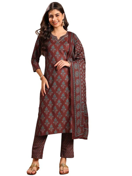 Ahika Women Brown Rayon Blend Floral Printed Straight Kurta Trousers With Dupatta-VKSKD2250