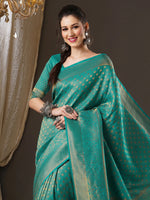 Saree Mall Women's Georgette Teal Blue Woven Design Woven Saree With Blouse Piece-5ALEKHA5002