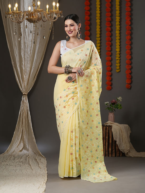 Saree Mall Women's Cotton Blend Yellow Embroidered Designer Saree With Blouse Piece-5KAVI501