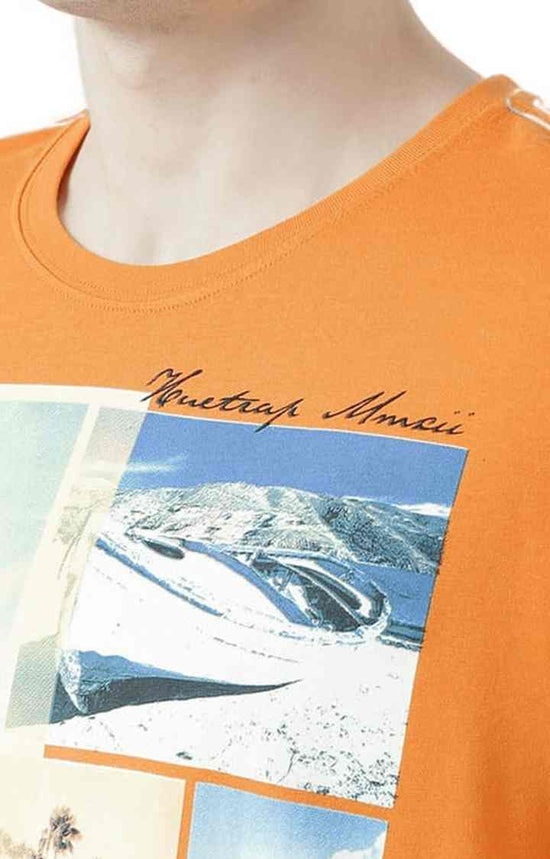 Huetrap Orange Mens Short Sleeve Graphic Printed Tshirt-HT17MKGRABZO00625