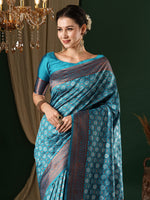 Saree Mall Women's  Blend Light Blue Woven Design Designer Saree With Blouse Piece-5REEVA5002