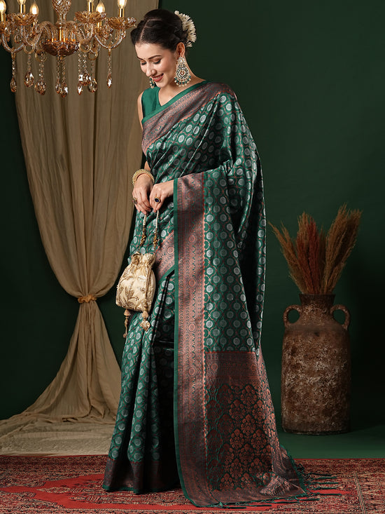 Saree Mall Women's  Blend Teal Green Woven Design Designer Saree With Blouse Piece-5REEVA5003