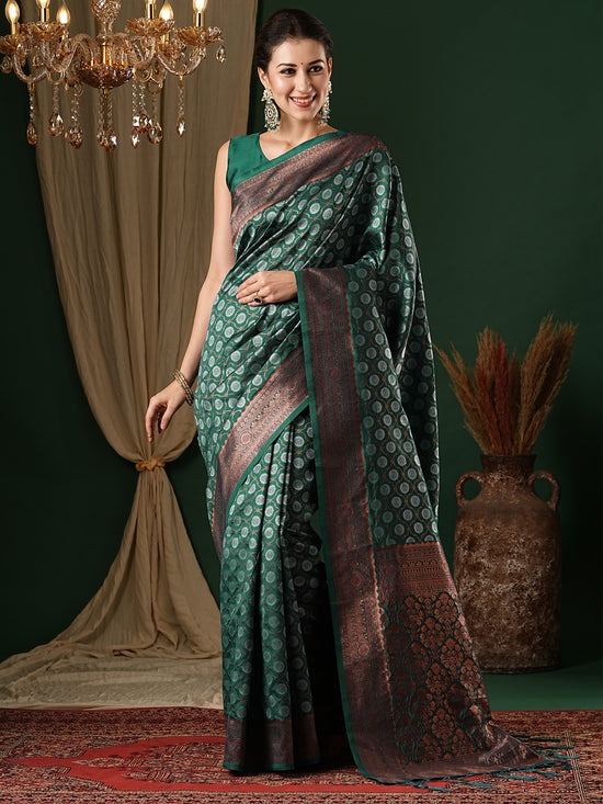 Saree Mall Women's  Blend Teal Green Woven Design Designer Saree With Blouse Piece-5REEVA5003