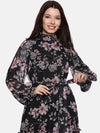 Floral Black Ruffled Blouson Sleeve Dress-17409