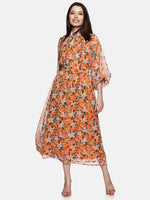 Floral Yellow Belted Blouson Sleeve Dress-17398