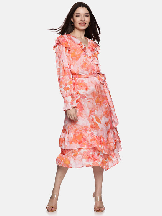 Floral Orange Wrap Dress-17401