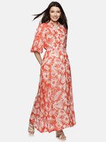 Floral Red Printed Baloon Sleeve Dress-17374