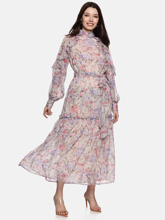 Floral Multicolored Ruffled Blouson Sleeve Dress-17408