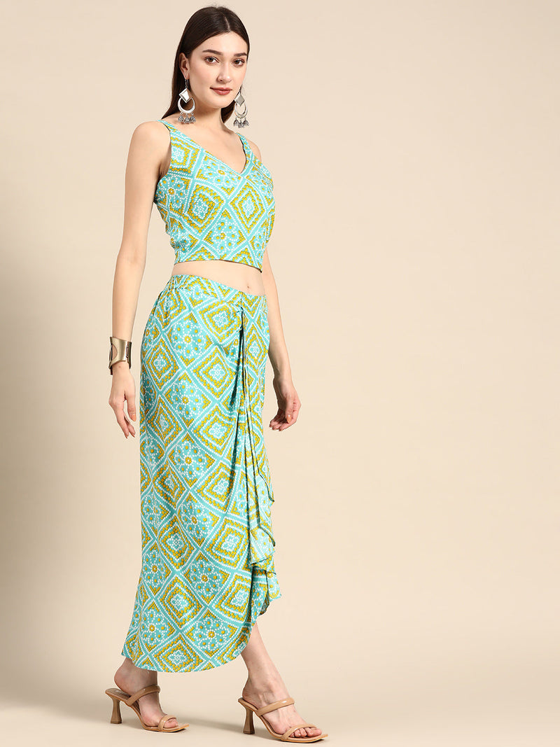 Shrug with crop top and dhoti skirt in Aqua Blue