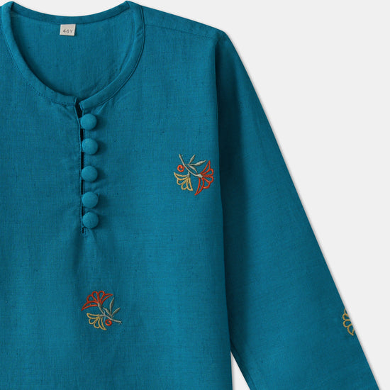 Desi Soota Scallop Cut Embroidered Cotton Kurta Pajama Set for Boys - Blue-M022