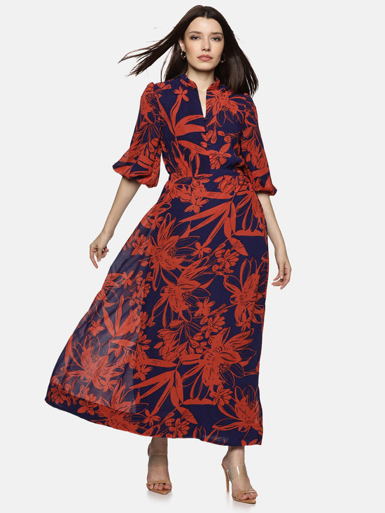 Floral Blue Printed Baloon Sleeve Dress-17373