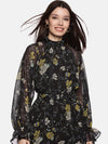 Floral Black Belted Blouson Sleeve Dress-17399