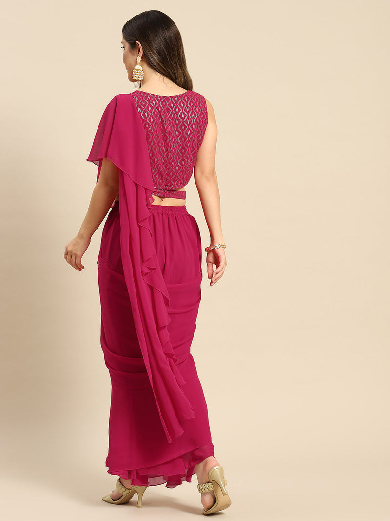 Blouse with prestiched frill gown in Magenta