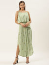 Printed Flare yoke with U hem long dress in pista green color