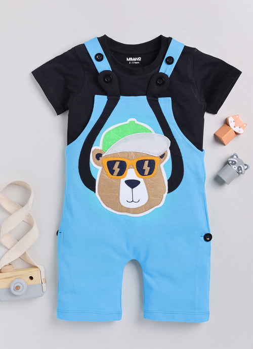 Mimino Dungaree For Baby Boys Casual Printed Cotton Blend (Blue, Pack of 1)