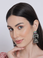 Pink & Green Stone Studded & Silver-Plated Peacock Shaped Beaded Jhumkas