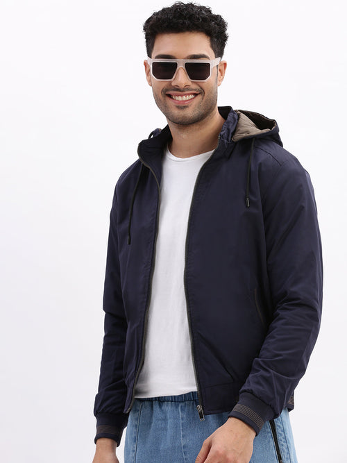 Men Mock Collar Navy Blue Solid Bomber Jacket comes with Detachable Hoodie-66002-Navyblue