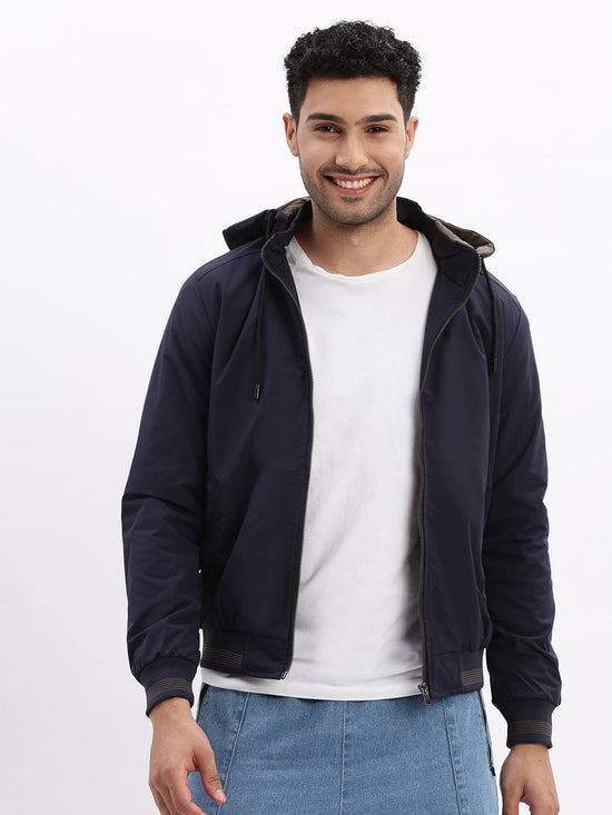 Men Mock Collar Navy Blue Solid Bomber Jacket comes with Detachable Hoodie-66002-Navyblue