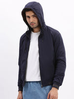 Men Mock Collar Navy Blue Solid Bomber Jacket comes with Detachable Hoodie-66002-Navyblue