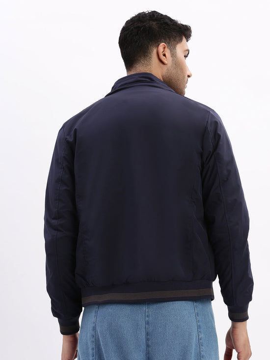 Men Mock Collar Navy Blue Solid Bomber Jacket comes with Detachable Hoodie-66002-Navyblue