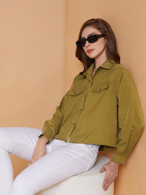 Women Solid Olive Oversized Shirt-6601-Olive