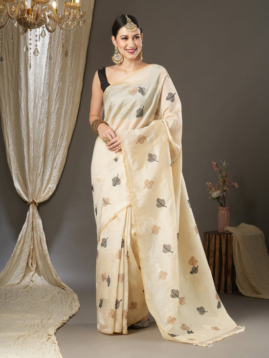 Saree Mall Women's  Blend Cream Embroidered Designer Saree With Blouse Piece-6KAVI601