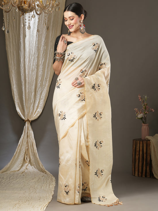 Saree Mall Women's  Blend Cream Embroidered Designer Saree With Blouse Piece-6KAVI602