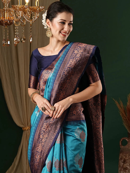 Saree Mall Women's  Blend Light Blue Woven Design Designer Saree With Blouse Piece-6REEVA6003