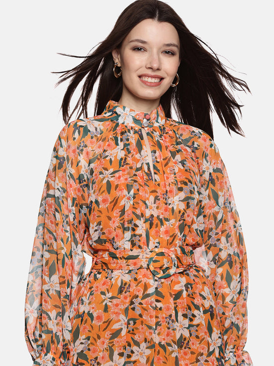 Floral Yellow Belted Blouson Sleeve Dress-17398