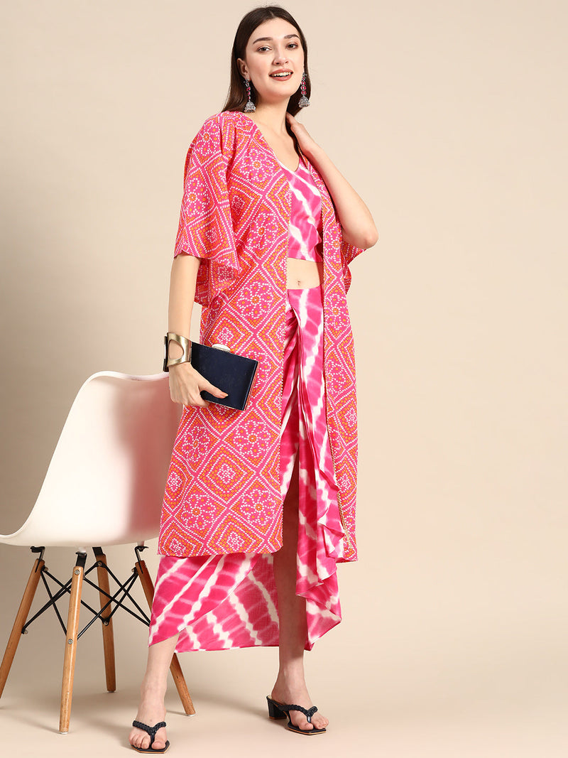 Shrug with crop top and dhoti skirt in Pink