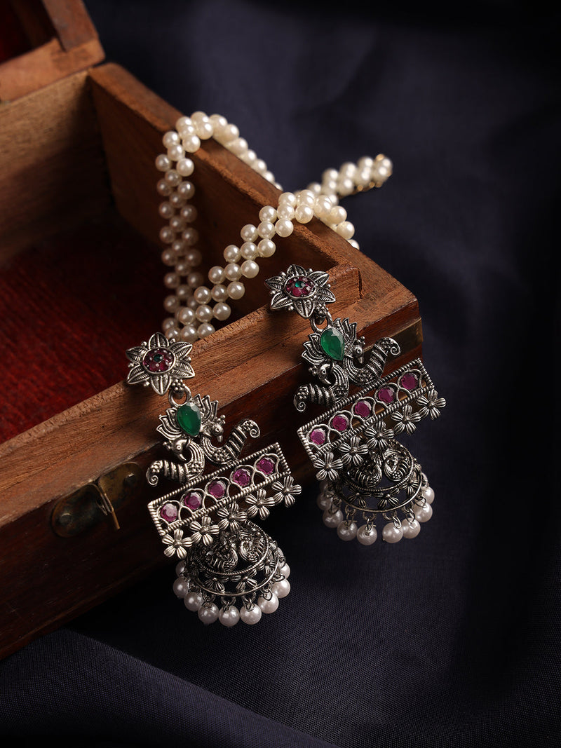 Pink & Green Oxidised Silver-Plated German Silver Stone Studded & Beaded Jhumkas