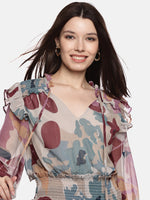 Floral  Abstract Smocked- Sleeve Top-17388