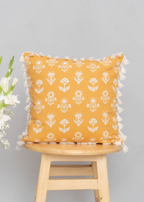 Dahlia Printed 100% cotton floral cushion cover for sofa with tassels - Mustard-230451013