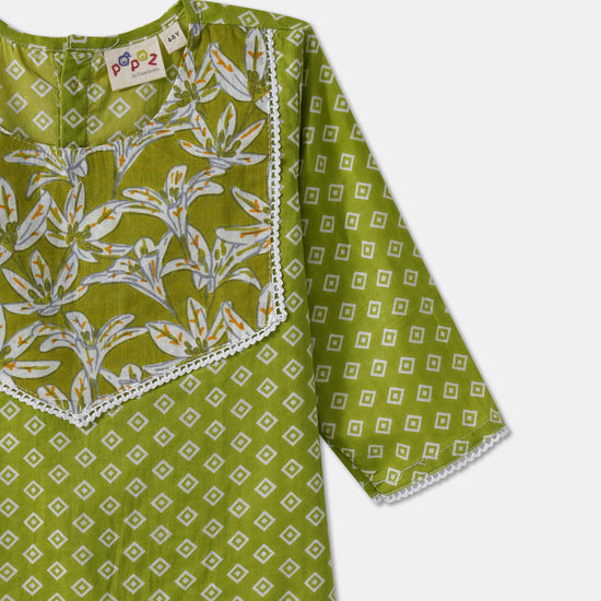 Desi Soota Cotton Kurti Pajama with Dupatta for Girls - Green-M033