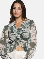 Floral Green V-Neck Blouson Sleeve Top-17416