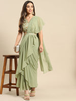 Blouse with prestiched frill gown in Pista Green
