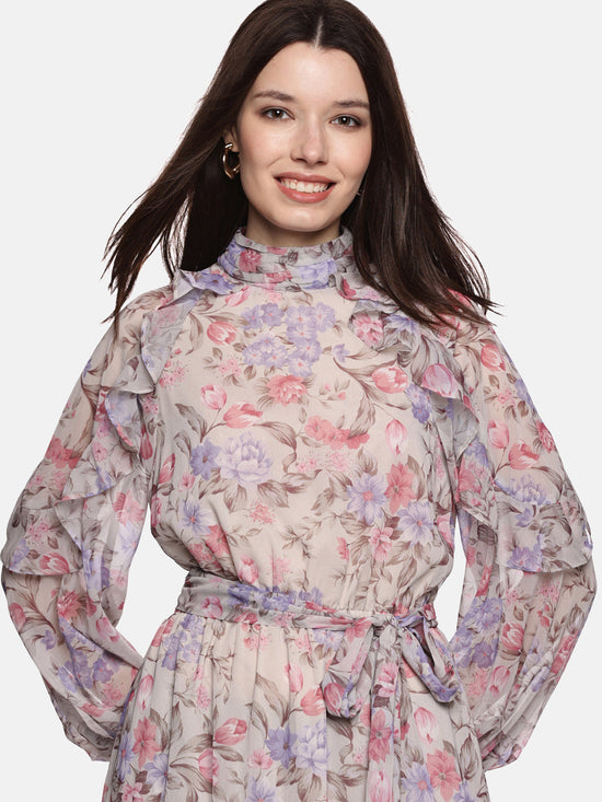 Floral Multicolored Ruffled Blouson Sleeve Dress-17408