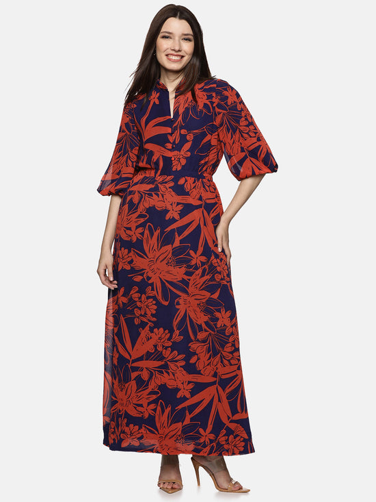 Floral Blue Printed Baloon Sleeve Dress-17373