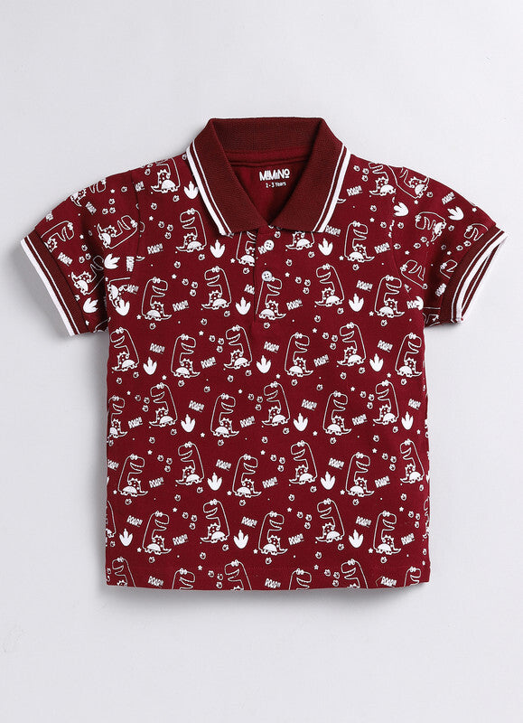 Mimino Baby Boys Printed Pure Cotton T Shirt (Maroon, Pack of 1)