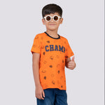 Mimino Boys Printed Pure Cotton T Shirt (Orange, Pack of 1)