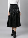 Women Solid Black Flared Midi Skirt-708-Black