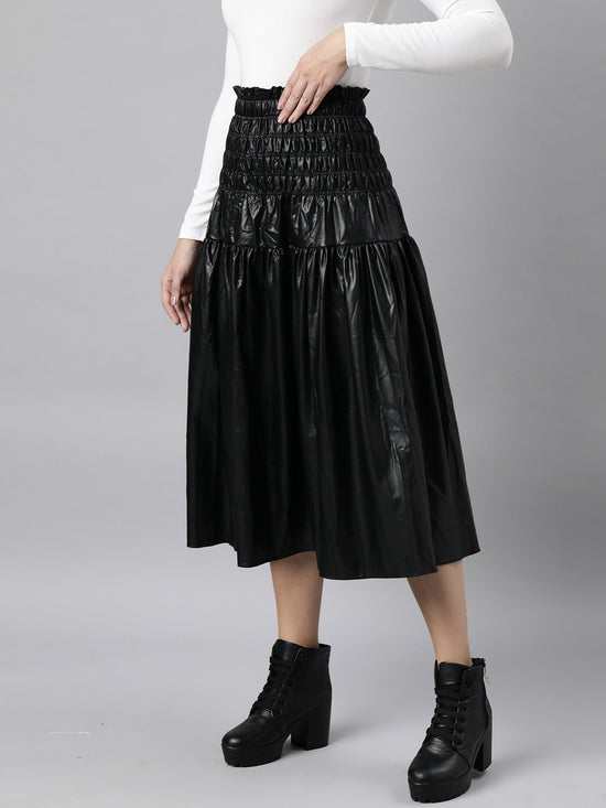 Women Solid Black Flared Midi Skirt-708-Black