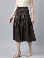 Women Solid Brown Flared Midi Skirt-708-Brown