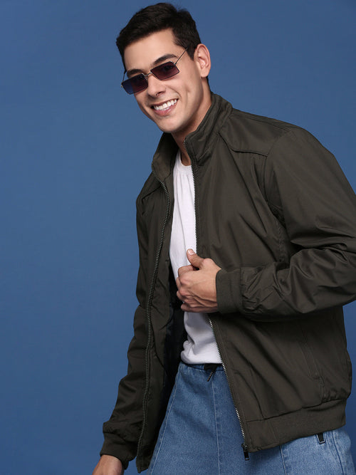 Men Solid Olive Bomber Jacket-723A-Olive