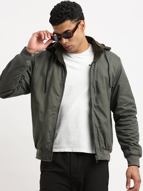 Men Mock Collar Grey Solid Reversible Bomber Jacket comes with Detachable Hoodie-77001-A-Grey